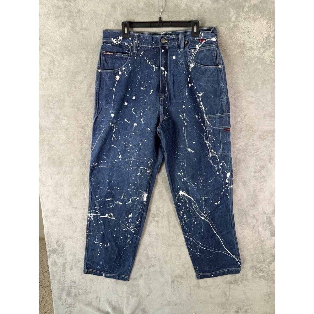 FUBU 90s Vtg BAGGY Carpenter Blue Jeans 36x34 Rap Hip-Hop‎ Paint Splatter